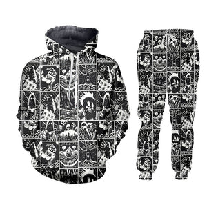 UJWI 3D Full Printed Black And White Comics Horror Hooded Jacket Pants Men's Custom Street Winter Suit Big Size Fashion Clothing