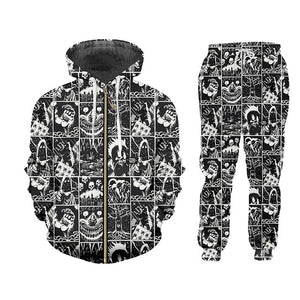 UJWI 3D Full Printed Black And White Comics Horror Hooded Jacket Pants Men's Custom Street Winter Suit Big Size Fashion Clothing